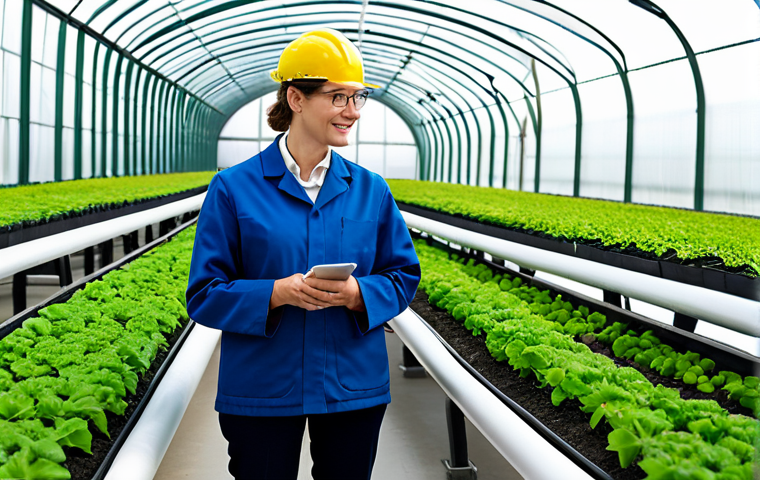 A professional female scientist and a male agricultural expert, both fully clothed in modest, modern work attire, stand within a brightly lit, state-of-the-art geothermal greenhouse. They are observing lush, high-quality produce growing in advanced hydroponic systems. Subtle steam from heating pipes is visible in the background, indicating the sustainable energy source. The scene highlights innovation, economic diversification, and community growth. The atmosphere is clean and forward-thinking. Safe for work, appropriate content, fully clothed, professional dress, perfect anatomy, correct proportions, natural pose, well-formed hands, proper finger count, natural body proportions, professional photography, high quality, sharp focus.