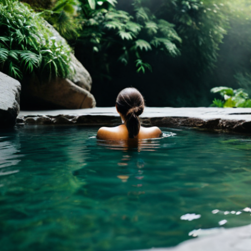 Home 6 A person in modest swimwear, partially immersed in a natural outdoor thermal pool, surrounded by lush green foliage and natural rock formations. Gentle steam rises from the warm water, creating a serene and misty atmosphere. The light is soft and diffused, highlighting the tranquility of the scene. The person's posture is natural and relaxed, conveying deep calm and rejuvenation. Perfect anatomy, correct proportions, well-formed hands, proper finger count, natural body proportions, fully clothed, modest clothing, appropriate attire, safe for work, appropriate content, family-friendly, professional photography, high quality.