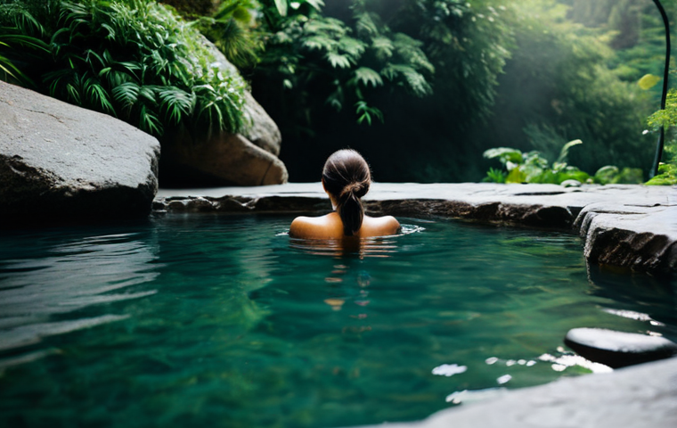 A person in modest swimwear, partially immersed in a natural outdoor thermal pool, surrounded by lush green foliage and natural rock formations. Gentle steam rises from the warm water, creating a serene and misty atmosphere. The light is soft and diffused, highlighting the tranquility of the scene. The person's posture is natural and relaxed, conveying deep calm and rejuvenation. Perfect anatomy, correct proportions, well-formed hands, proper finger count, natural body proportions, fully clothed, modest clothing, appropriate attire, safe for work, appropriate content, family-friendly, professional photography, high quality.