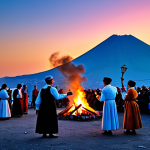 Home 6 The Fires of San Giovanni**
"A vibrant scene depicting the 'Fuochi di San Giovanni' near Mount Vesuvius at twilight. Villagers are fully clothed in traditional attire, gathered around a large bonfire. Some are playing instruments and dancing. In the background, the silhouette of Vesuvius is visible against the colorful sky. Appropriate content, safe for work, perfect anatomy, well-formed hands, proper finger count, natural pose, professional photography, high quality, family-friendly."
**