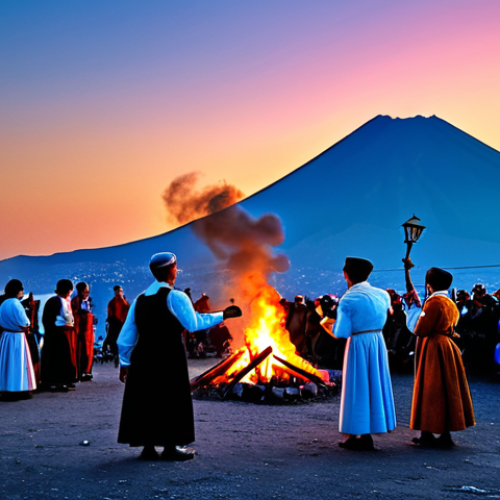 Home 14 The Fires of San Giovanni**
"A vibrant scene depicting the 'Fuochi di San Giovanni' near Mount Vesuvius at twilight. Villagers are fully clothed in traditional attire, gathered around a large bonfire. Some are playing instruments and dancing. In the background, the silhouette of Vesuvius is visible against the colorful sky. Appropriate content, safe for work, perfect anatomy, well-formed hands, proper finger count, natural pose, professional photography, high quality, family-friendly."
**