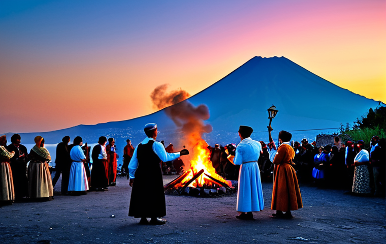 The Fires of San Giovanni**
"A vibrant scene depicting the 'Fuochi di San Giovanni' near Mount Vesuvius at twilight. Villagers are fully clothed in traditional attire, gathered around a large bonfire. Some are playing instruments and dancing. In the background, the silhouette of Vesuvius is visible against the colorful sky. Appropriate content, safe for work, perfect anatomy, well-formed hands, proper finger count, natural pose, professional photography, high quality, family-friendly."
**
